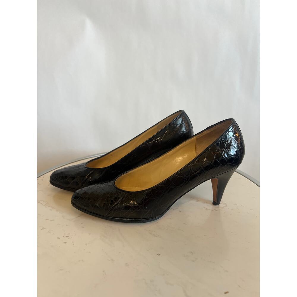 COLE HAAN BLACK CROCODILE PATTERN LEATHER MID HEEL WOMENS PUMPS SIZE 6 1/2 B